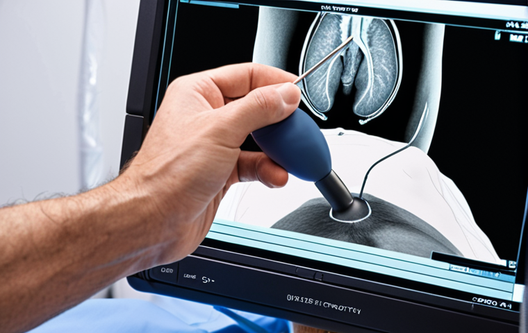 **
> Prostate ultrasound examination being performed on a male patient. Medical professional holding ultrasound probe. Focus on the procedure and technology. Clean, clinical setting. Include text overlay: "Prostate Ultrasound: When and Why?"
**