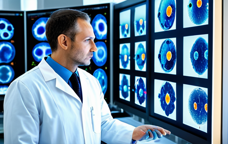 A professional male medical researcher in a clean, modest lab coat over a collared shirt, standing in a state-of-the-art, sterile research laboratory. He is intently observing a large, translucent holographic display that visualizes abstract immune cells (T-cells, antibodies) dynamically interacting with stylized, non-anatomical cancer cells. His posture is engaged, and his expression is one of deep concentration and scientific inquiry. The background features blurred, modern scientific equipment and soft, futuristic ambient lighting. Professional photography, high resolution, sharp focus, vibrant colors, perfect anatomy, correct proportions, natural pose, well-formed hands, proper finger count, natural body proportions, safe for work, appropriate content, fully clothed, professional dress.