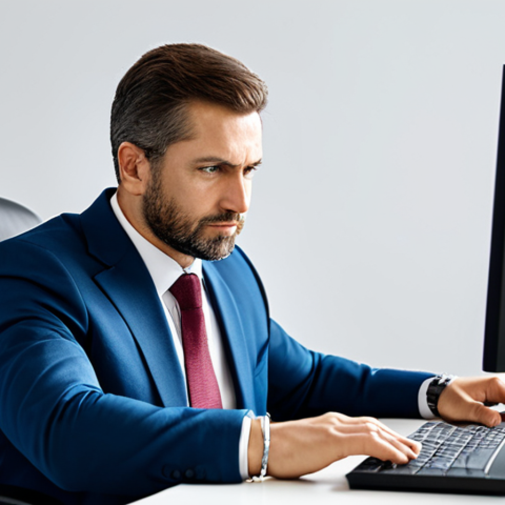 A professional man, mid-career, wearing a modest business suit, subtly distracted while working at a modern office desk. He is looking at his watch with a slight, polite expression of mild concern, indicating a minor disruption to his focus. The office environment is clean, well-lit, and professional. The scene emphasizes the everyday challenges discreetly, without any focus on the body or discomfort. fully clothed, appropriate attire, safe for work, perfect anatomy, correct proportions, natural pose, well-formed hands, proper finger count, natural body proportions, professional photography, high quality, appropriate content, family-friendly.