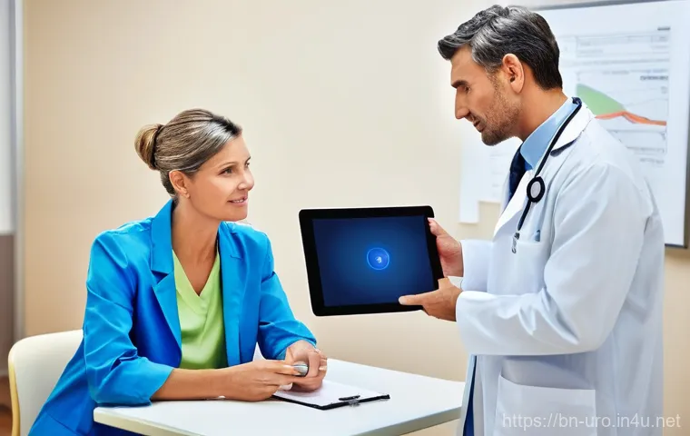 비뇨기 질환 진단을 위한 CT 검사 - **Prompt:** "A knowledgeable male urologist, dressed in a clean white lab coat, stands next to a lar...