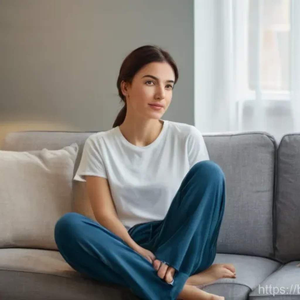 비뇨기 질환으로 인한 피로감 대처법 - A young woman in her late 20s or early 30s, dressed in comfortable, modest lounge wear (like a t-shi...