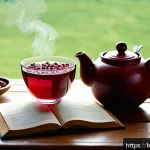 요로감염 예방을 위한 천연 차 추천 - A serene, cozy kitchen scene featuring a steaming cup of cranberry tea placed on a rustic wooden tab...