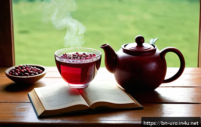 요로감염 예방을 위한 천연 차 추천 - A serene, cozy kitchen scene featuring a steaming cup of cranberry tea placed on a rustic wooden tab...