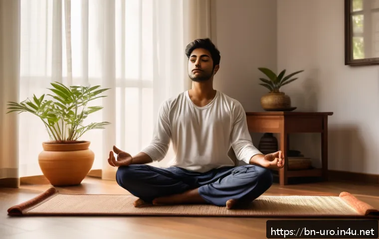 남성 불임 검사를 위한 준비사항 - A serene indoor scene showing a young Bengali man sitting cross-legged on a traditional mat, practic...
