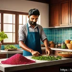 남성 요로감염 예방을 위한 생활 팁 - A detailed and vibrant illustration of a Bengali man in a modern kitchen preparing a healthy meal ri...