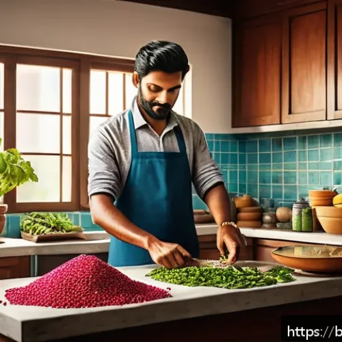 남성 요로감염 예방을 위한 생활 팁 - A detailed and vibrant illustration of a Bengali man in a modern kitchen preparing a healthy meal ri...