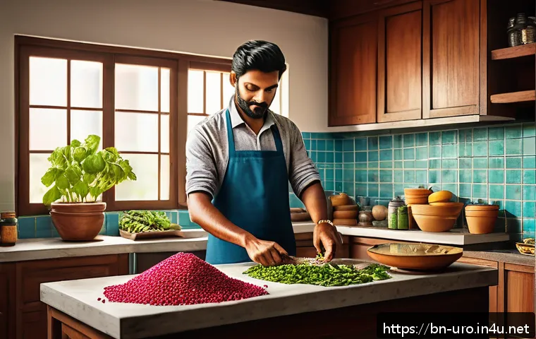 남성 요로감염 예방을 위한 생활 팁 - A detailed and vibrant illustration of a Bengali man in a modern kitchen preparing a healthy meal ri...