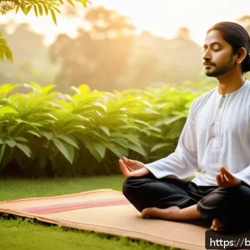 성병 예방을 위한 생활 습관 - A serene scene of a Bengali person practicing meditation in a peaceful garden at sunrise, surrounded...