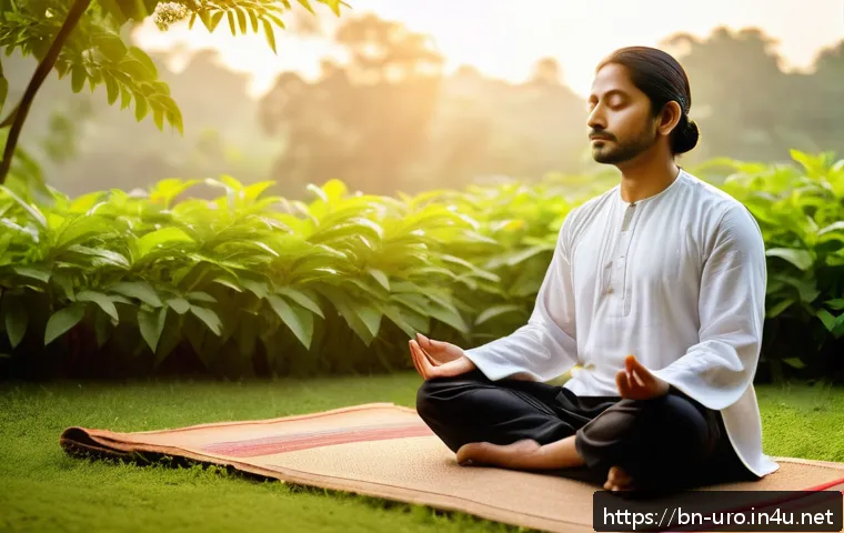 성병 예방을 위한 생활 습관 - A serene scene of a Bengali person practicing meditation in a peaceful garden at sunrise, surrounded...