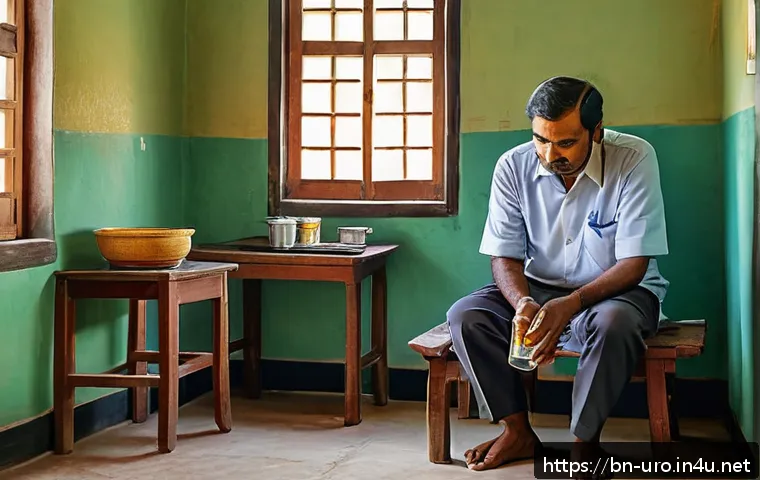 소변에서 혈뇨가 보일 때 대처법 - A detailed medical illustration showing a Bengali middle-aged man calmly observing symptoms of blood...