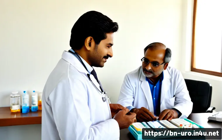 Home 17 전립선 비대증 치료를 위한 약물 종류 - Photorealistic medical consultation in a bright modern clinic, a compassionate South Asian male doct...